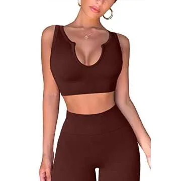 QINSEN Women 2 Piece Workout Outfits Sports Bra Seamless Leggings Yoga Gym Activewear Set Coffee L