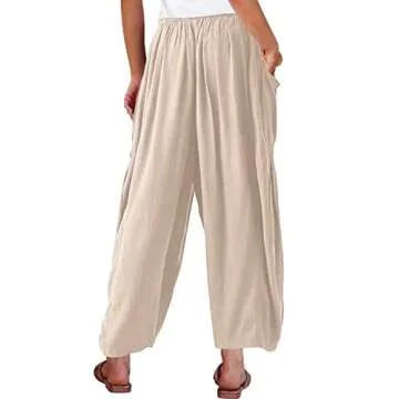 Kalssior Womens Wide Leg Pants Linen Palazzo Lounge Harem Pants Summer Beach Long Trousers with Pockets(Beige,M)
