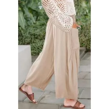 Kalssior Womens Wide Leg Pants Linen Palazzo Lounge Harem Pants Summer Beach Long Trousers with Pockets(Beige,M)