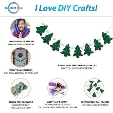 Glaciart One Christmas Tree Felt Ball Garland - Pompom Holiday Decoration Hand-Made from Natural Wool - Cute Hanging Decor for Christmas Tree, Mantel, Kids Bedroom, Living Room, Nursery - 22 Inch Long