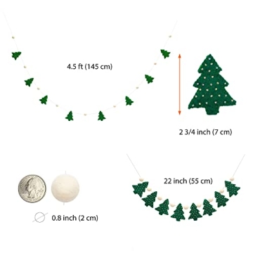 Glaciart One Christmas Tree Felt Ball Garland - Pompom Holiday Decoration Hand-Made from Natural Wool - Cute Hanging Decor for Christmas Tree, Mantel, Kids Bedroom, Living Room, Nursery - 22 Inch Long