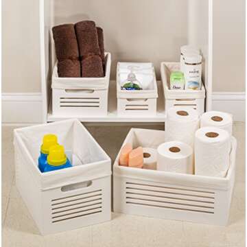 Large Wooden Crate for Storage - Decorative Wood Storage Boxes for Home Books Clothes Toys, This wood crate box / Basket / Bin Organizer is Lined with Machine Washable Soft Linen Fabric - White, Large