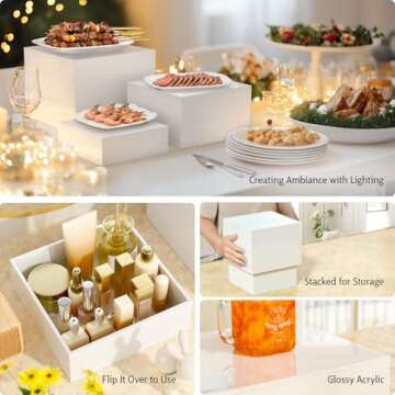 HIIMIEI Buffet Risers, Food Risers for Buffet Table, Display Stand Shelf for Catering Dessert Collectibles, Acrylic Cube Display Nesting Risers with Hollow Bottoms 3PCS 6''x7''x8''