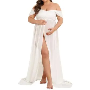 Maternity Dress for Photoshoot Off Shoulder Chiffon Gown Split Front Maxi Pregnancy Dresses for Phot...