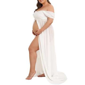 Maternity Dress for Photoshoot Off Shoulder Chiffon Gown Split Front Maxi Pregnancy Dresses for Photography White L