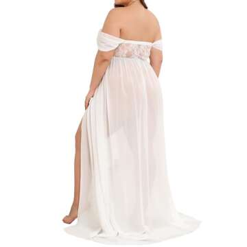 Maternity Dress for Photoshoot Off Shoulder Chiffon Gown Split Front Maxi Pregnancy Dresses for Photography White L