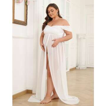 Maternity Dress for Photoshoot Off Shoulder Chiffon Gown Split Front Maxi Pregnancy Dresses for Photography White L