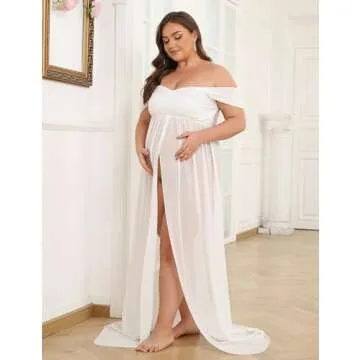 Maternity Dress for Photoshoot Off Shoulder Chiffon Gown Split Front Maxi Pregnancy Dresses for Photography White L