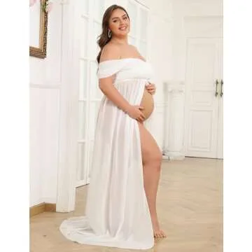 Maternity Dress for Photoshoot Off Shoulder Chiffon Gown Split Front Maxi Pregnancy Dresses for Photography White L