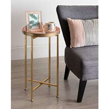 Kate and Laurel Celia Round Metal Foldable Tray Accent Table, Pink with Gold Base