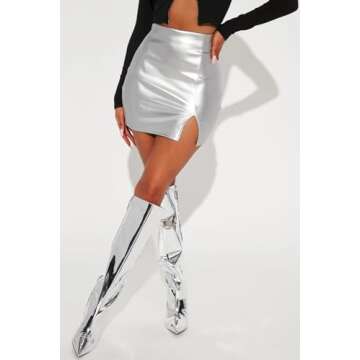 Sheface Women's Faux Leather Split Hem Short Skirt High Waist Slim Fit Mini Skirts Pu Leather Bodycon Pencil Skirt Silver