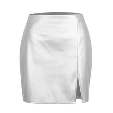 Sheface Women's Faux Leather Split Hem Short Skirt High Waist Slim Fit Mini Skirts Pu Leather Bodycon Pencil Skirt Silver