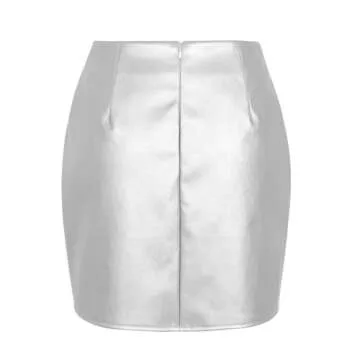 Sheface Women's Faux Leather Split Hem Short Skirt High Waist Slim Fit Mini Skirts Pu Leather Bodycon Pencil Skirt Silver
