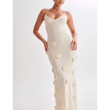 Stylish Women's Knit Maxi Dress with 3D Floral Design