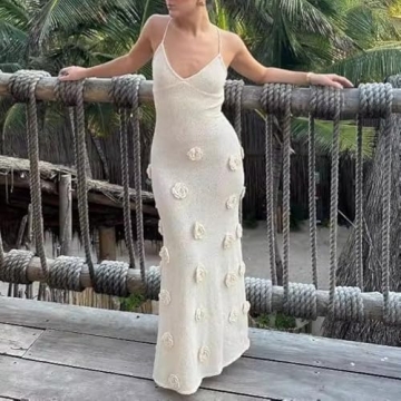 Stylish Women's Knit Maxi Dress with 3D Floral Design