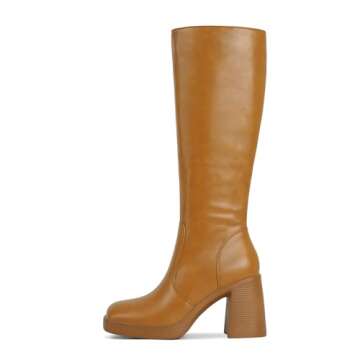 SOVANYOU Tan Boots Brown Knee High Boots for Women Chunky High Heeled Boots Faux Leather Tall Boots ...