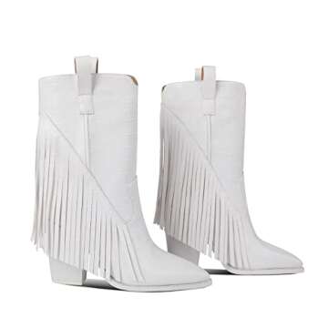 Trendy ISNOM White Cowgirl Boots for Fashion-Forward Women