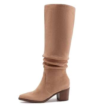 Athlefit Womens Knee High Chunky Heel Boots Faux Suede Pointed Toe Side Zipper Khaki Boots Size 8