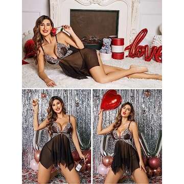 Lingerie Lace Chemise V Neck Babydoll Nightgown in Black