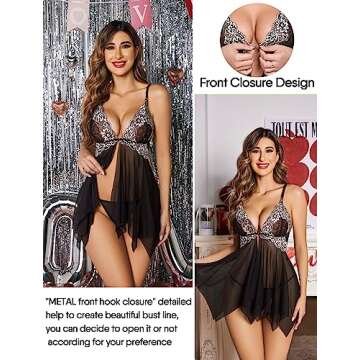 Lingerie Lace Chemise V Neck Babydoll Nightgown in Black