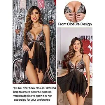 Lingerie Lace Chemise V Neck Babydoll Nightgown in Black