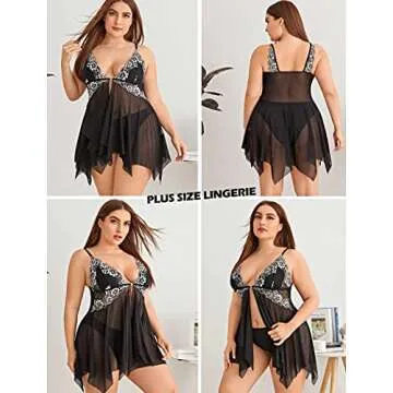 Lingerie Lace Chemise V Neck Babydoll Nightgown in Black