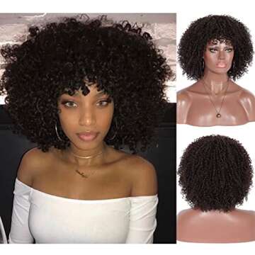 Kalyss 8" Short Kinky Curly Wigs for Women Black Premium Synthetic Afro Wigs with Hair Bangs Natural...