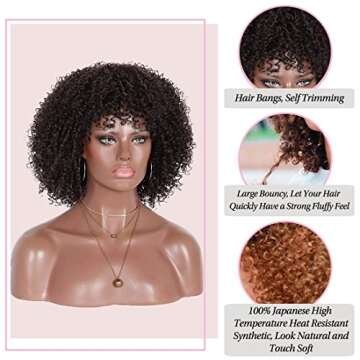 Kalyss 8" Short Kinky Curly Wigs for Women Black Premium Synthetic Afro Wigs with Hair Bangs Natural Curls Wigs for Women,Bouncy Full and Natural Looking 150% Density