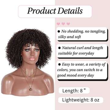 Kalyss 8" Short Kinky Curly Wigs for Women Black Premium Synthetic Afro Wigs with Hair Bangs Natural Curls Wigs for Women,Bouncy Full and Natural Looking 150% Density