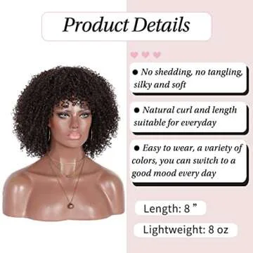 Kalyss 8" Short Kinky Curly Wigs for Women Black Premium Synthetic Afro Wigs with Hair Bangs Natural Curls Wigs for Women,Bouncy Full and Natural Looking 150% Density