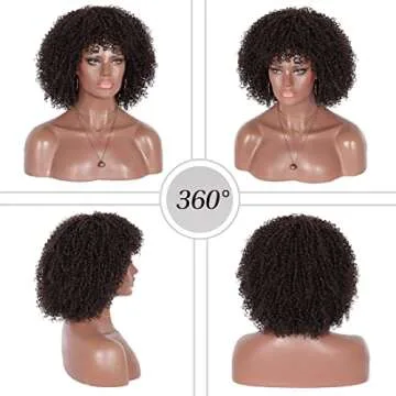 Kalyss 8" Short Kinky Curly Wigs for Women Black Premium Synthetic Afro Wigs with Hair Bangs Natural Curls Wigs for Women,Bouncy Full and Natural Looking 150% Density