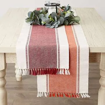 DII Dobby Stripe Woven Table Runner, 13x72 (13x77.5, Fringe Included), Burnt Orange