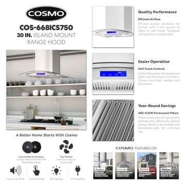 COSMO 30" Island Hood with 380 CFM & LED Lights