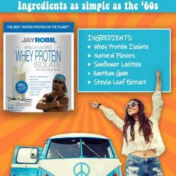 JAYROBB Whey Vanilla Isolate Protein Powder, Low Carb, Keto, Vegetarian, Gluten Free, Lactose Free, No Sugar Added, No Fat, No Soy, Nothing Artificial, Non-GMO, Best-Tasting (24 oz) Grass-Fed