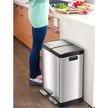 iTouchless 16 Gallon Dual Trash Can and Recycling Bin for Kitchen with Odor Filters, Stainless Steel Trashcan, 2 x 8-Gal (30L) Inner Buckets, Airtight Lid Seal, Handles, Soft Close Lid for Home Office