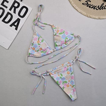 Womens Floral Bikini Set Sexy Thong Swimsuits Color Block Swimwear