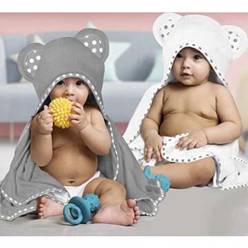 ELSVIN Set of 2 Hooded Baby Towels – White and Grey – Luxurious, Large and Super Absorbent – 30 x 30 Inch – Soft and Suitable for Infants, Toddlers and Kids – 400 GSM