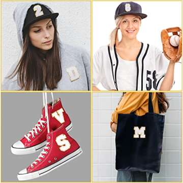 36 Pieces Chenille Letter Number Iron on Patches Sew On Chenille A-Z Number 0-9 Glitters Patches Gold Border for DIY Art Crafts Clothing Decorations(White)