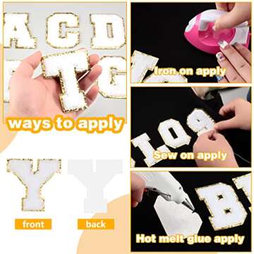 36 Pieces Chenille Letter Number Iron on Patches Sew On Chenille A-Z Number 0-9 Glitters Patches Gold Border for DIY Art Crafts Clothing Decorations(White)