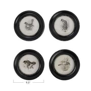 Elegant Round Wood Framed Bird Prints - Set of 4