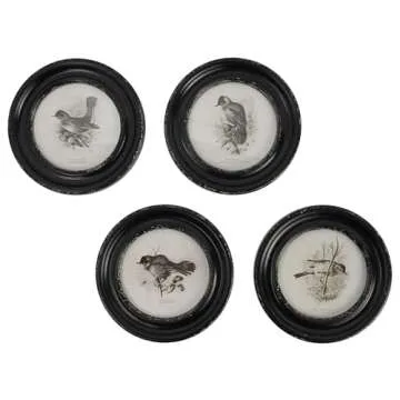 Elegant Round Wood Framed Bird Prints - Set of 4