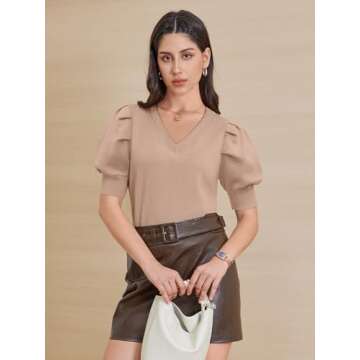 ATHMILE Women's Puff Short Sleeve Sweater Tops 2025 Spring Summer Trendy Square/V Neck Casual T Shir...