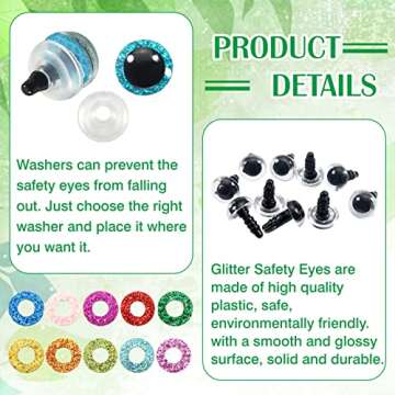 TOAOB 120pcs Glitter Plastic Safety Eyes 10mm Crafts Doll Eyes 10 Colors Half Round Craft Crochet Eyes with Washers for Stuffed Animals Amigurumis Bears Dolls Making