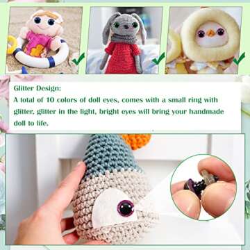 TOAOB 120pcs Glitter Plastic Safety Eyes 10mm Crafts Doll Eyes 10 Colors Half Round Craft Crochet Eyes with Washers for Stuffed Animals Amigurumis Bears Dolls Making