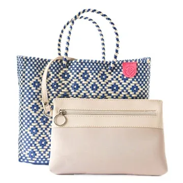 Mixte Medium Woven Crossbody Bag - With Detachable Mesh Pouch, Blue & Beige Beach Bag, Recycled Plastic Purse, Oaxaca Mexican Woven Bag, Artisan Made Resort Bag