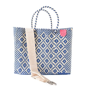 Mixte Medium Woven Crossbody Bag - With Detachable Mesh Pouch, Blue & Beige Beach Bag, Recycled Plastic Purse, Oaxaca Mexican Woven Bag, Artisan Made Resort Bag