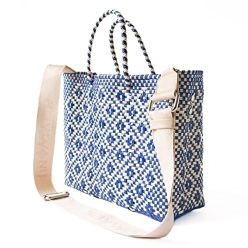 Mixte Medium Woven Crossbody Bag - With Detachable Mesh Pouch, Blue & Beige Beach Bag, Recycled Plastic Purse, Oaxaca Mexican Woven Bag, Artisan Made Resort Bag