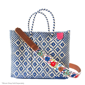 Mixte Medium Woven Crossbody Bag - With Detachable Mesh Pouch, Blue & Beige Beach Bag, Recycled Plastic Purse, Oaxaca Mexican Woven Bag, Artisan Made Resort Bag