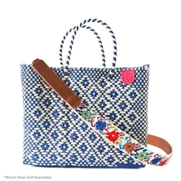 Mixte Medium Woven Crossbody Bag - With Detachable Mesh Pouch, Blue & Beige Beach Bag, Recycled Plastic Purse, Oaxaca Mexican Woven Bag, Artisan Made Resort Bag