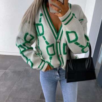 Women's Sweater Cardigan Oversized Button Down Long Sleeve Geometric Loose Knit Outerwear Plus Size Fall Winter White